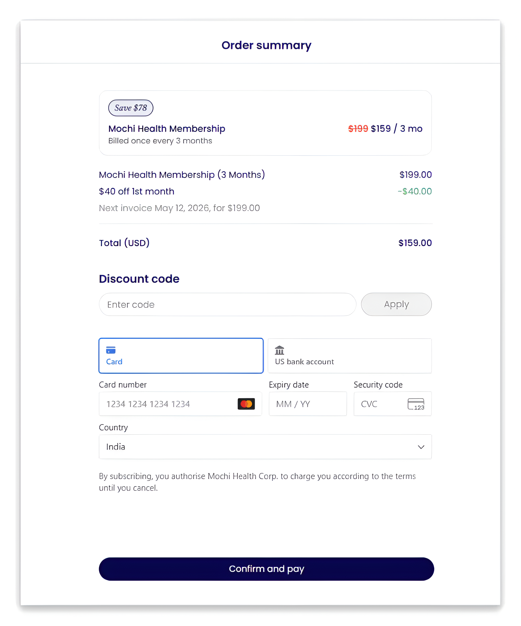 checkout page of mochi health login portal